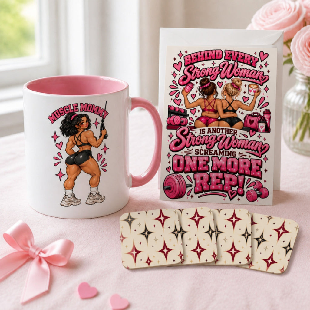 Nova gym girl gift set for her: Muscle Mommy mug, Starburst coasters and Behind Every Strong Woman card