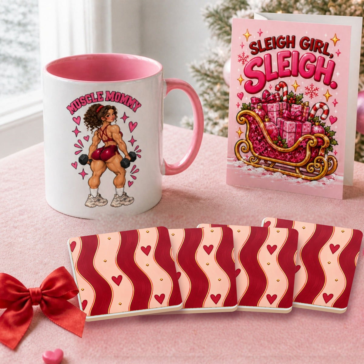 Ruby Christmas gym girl gift set for her: Muscle Mommy mug, Ruby Waves coasters and Sleigh Girl Sleigh card