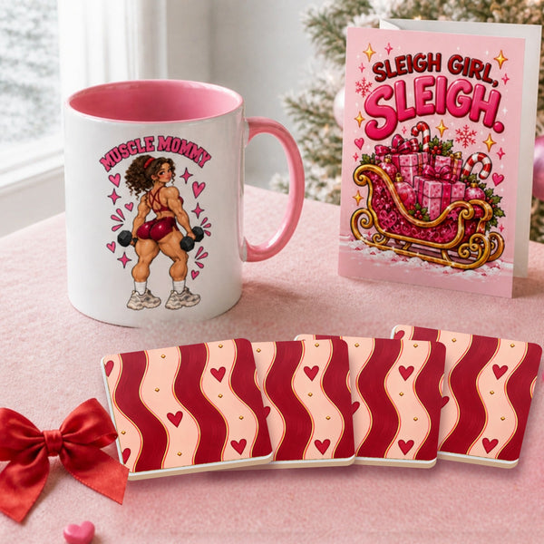 Ruby Christmas Gym Girl Gift Set for Her – Muscle Mommy Mug, Ruby Waves Coasters & Sleigh Girl Sleigh Card