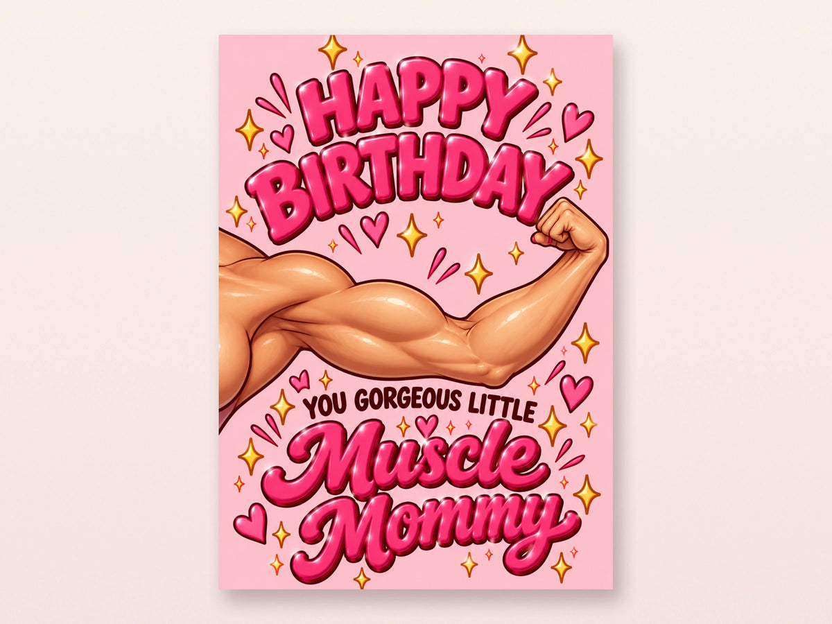 Happy Birthday Muscle Mommy card front, strong woman birthday card for gym girls