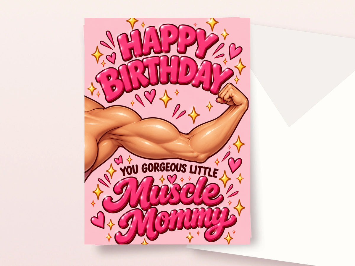 Happy Birthday Muscle Mommy card, funny gym girl birthday card for her with envelope