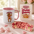 Grace gym girl gift set for her: Muscle Mommy mug, Bows & Charms coasters and Protein Princess card