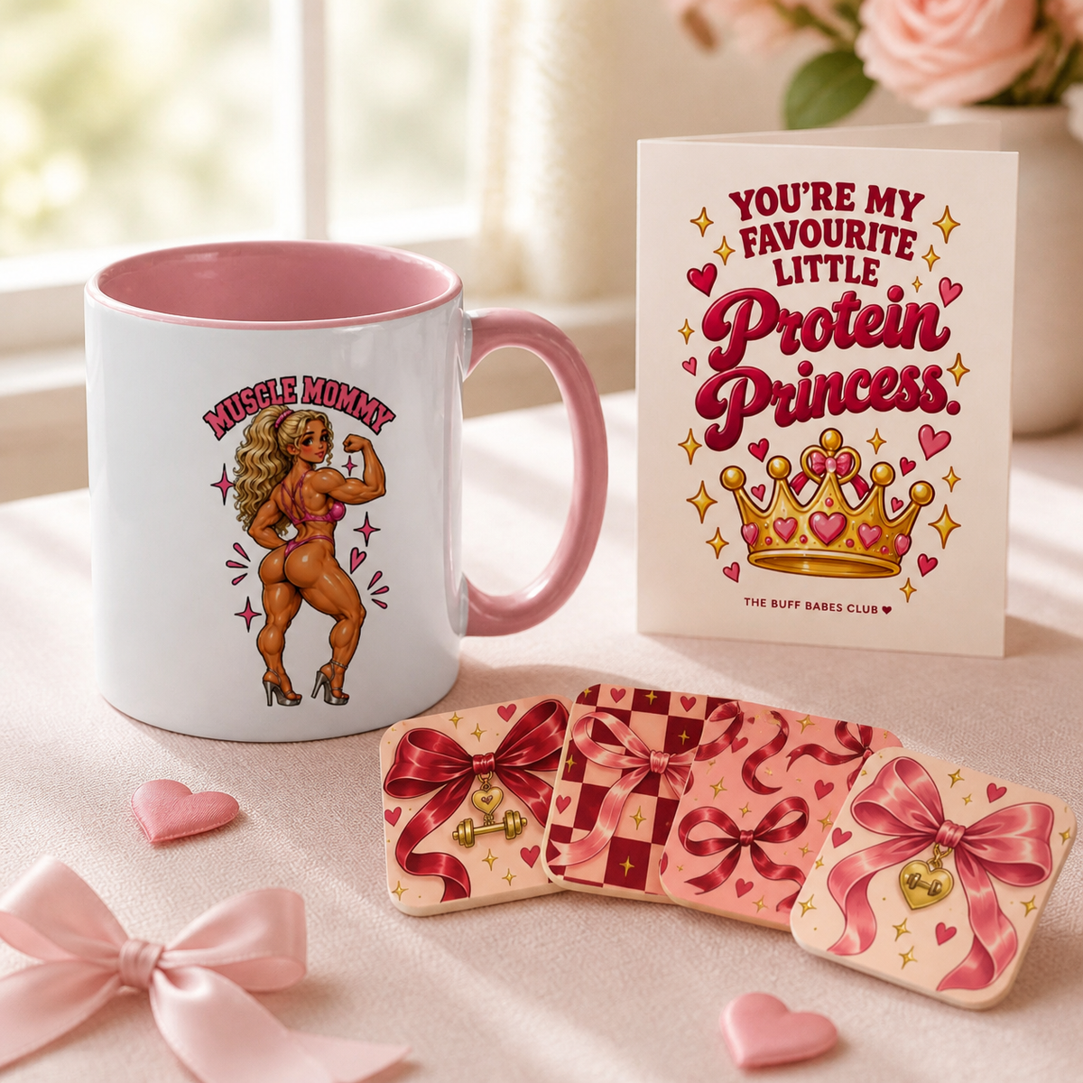 Grace gym girl gift set for her: Muscle Mommy mug, Bows & Charms coasters and Protein Princess card
