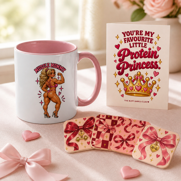 Grace Gym Girl Gift Set for Her – Muscle Mommy Mug, Bows & Charms Coasters & Protein Princess Card
