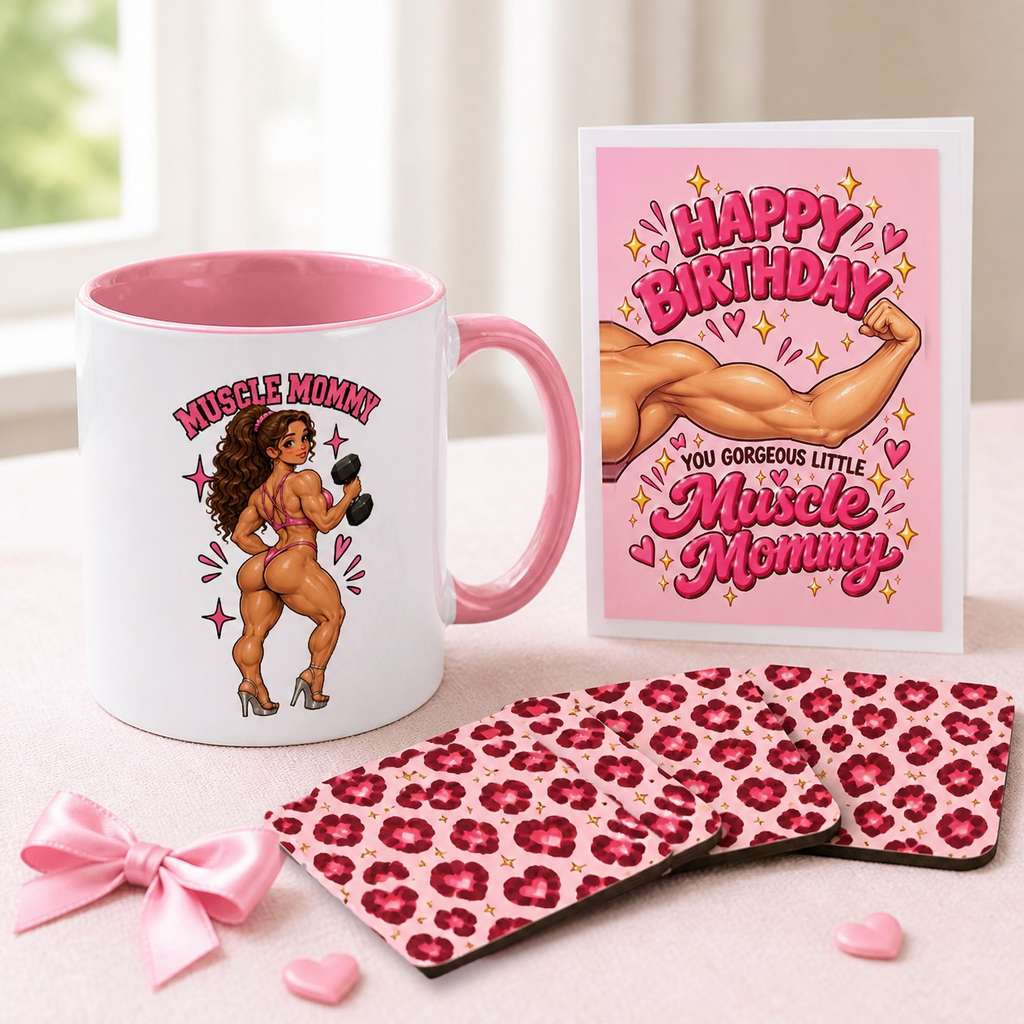 Freya gym girl gift set for her: Muscle Mommy mug, Leopard Hearts coasters and Happy Birthday card