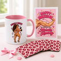 Freya gym girl gift set for her: Muscle Mommy mug, Leopard Hearts coasters and Happy Birthday card
