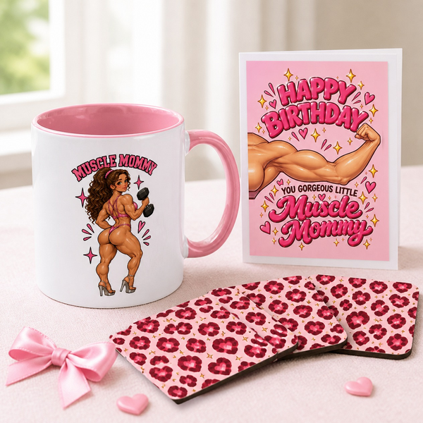 Freya Gym Girl Gift Set for Her – Muscle Mommy Mug, Leopard Hearts Coasters & Birthday Card