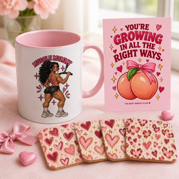 Bliss Gym Girl Gift Set for Her – Muscle Mommy Mug, Glitter Hearts Coasters & Growing in All the Right Ways Card