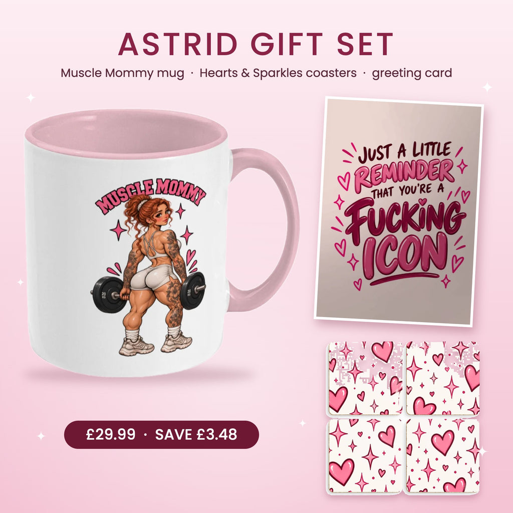 Astrid gift set for gym girls: weightlifting Muscle Mommy mug, pink heart coasters and sweary Icon card
