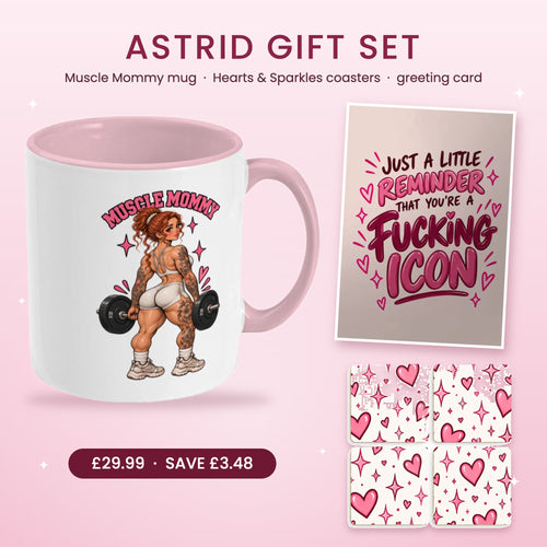 Astrid gift set for gym girls: weightlifting Muscle Mommy mug, pink heart coasters and sweary Icon card
