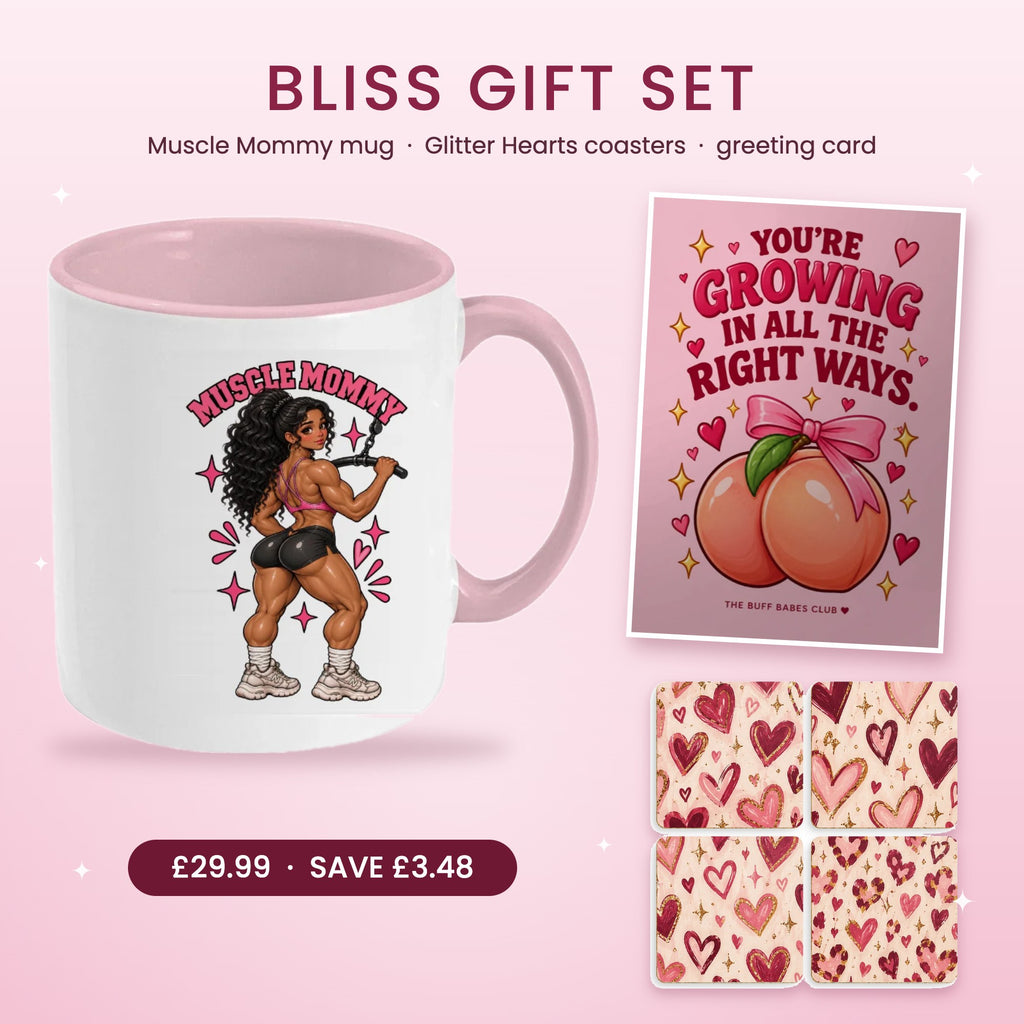 Bliss gift set for gym girls: pink Muscle Mommy mug, heart coasters and cute gym encouragement card