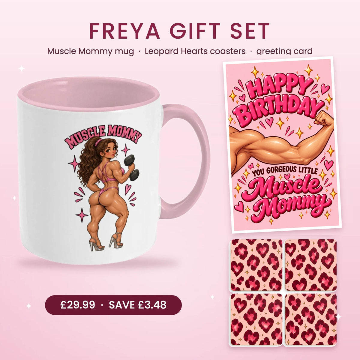Freya gift set for gym girls: pink Muscle Mommy mug, leopard print coasters and funny gym birthday card