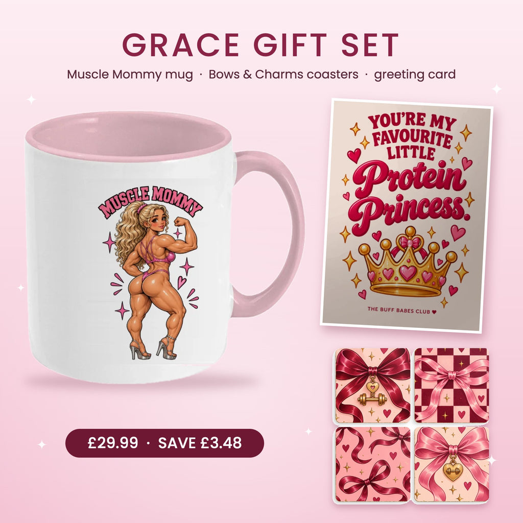 Grace gift set for gym girls: pink Muscle Mommy mug, coquette bow coasters and Protein Princess card