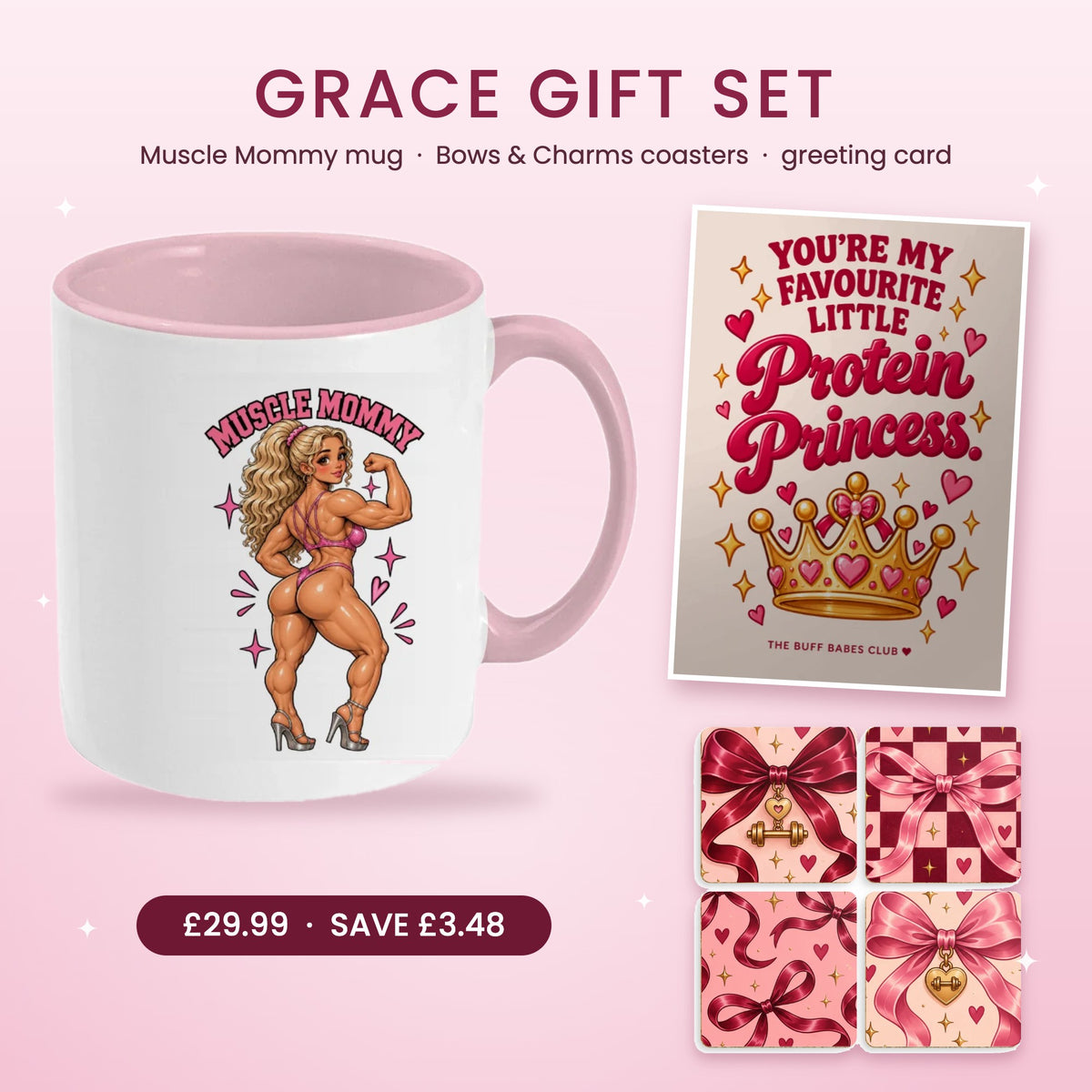 Grace gift set for gym girls: pink Muscle Mommy mug, coquette bow coasters and Protein Princess card