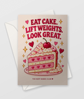Eat Cake Lift Weights Card, funny gym girl birthday card for her, A6 with envelope