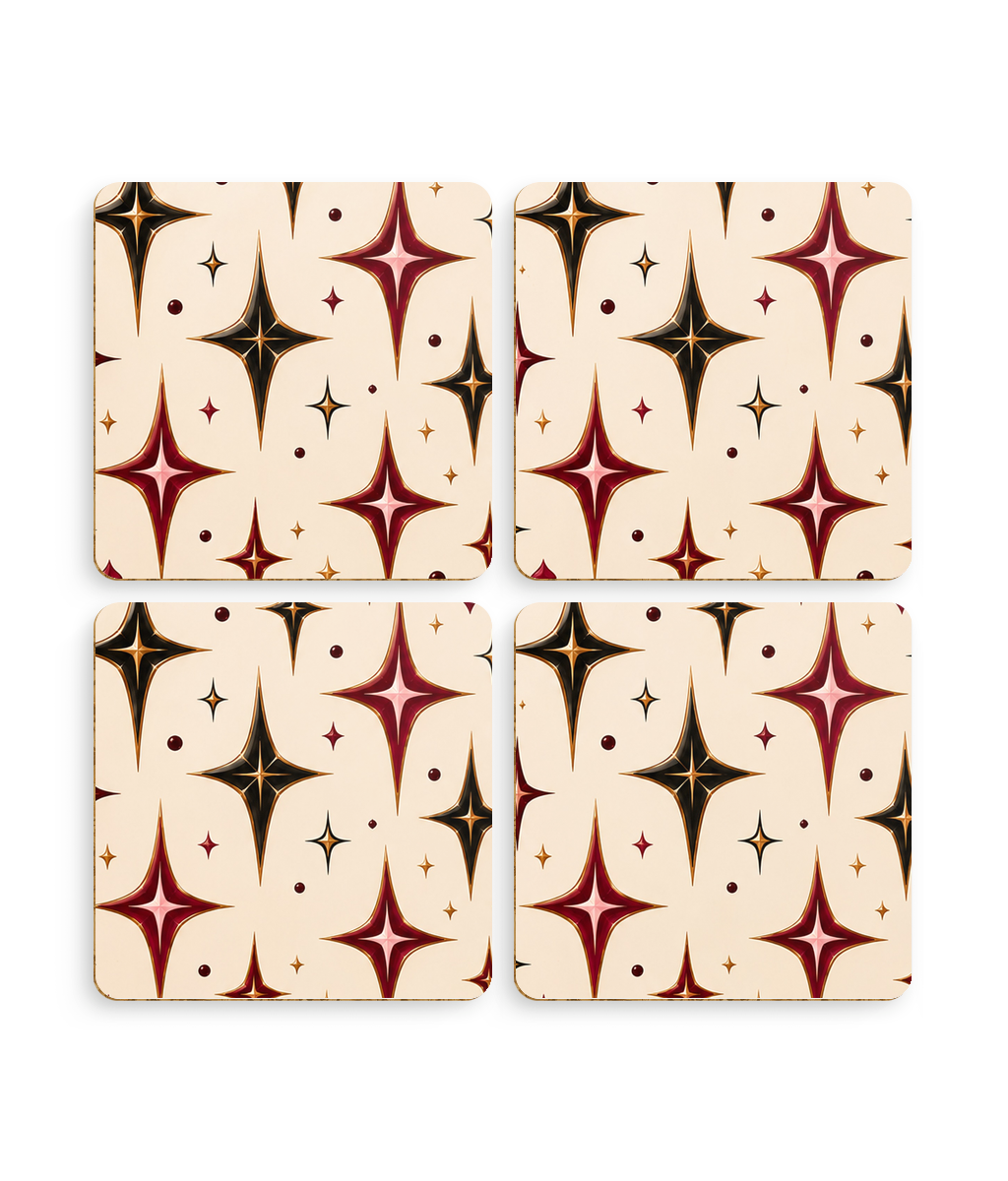 Starburst coaster set, pack of 4 retro red, black and gold coasters, gift for her