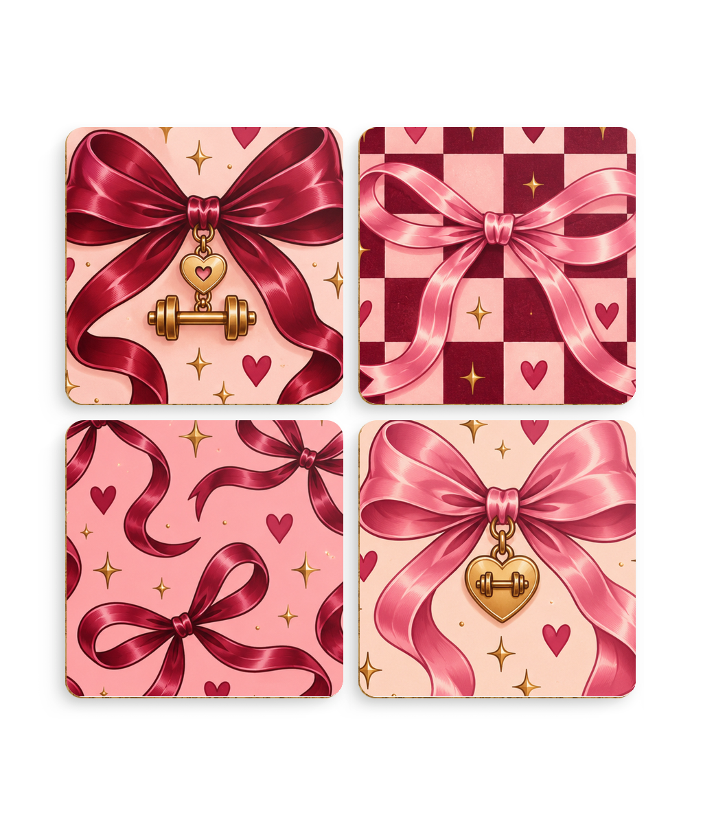 Bows & Charms coaster set, pack of 4 coquette pink coasters, gym girl gift for her