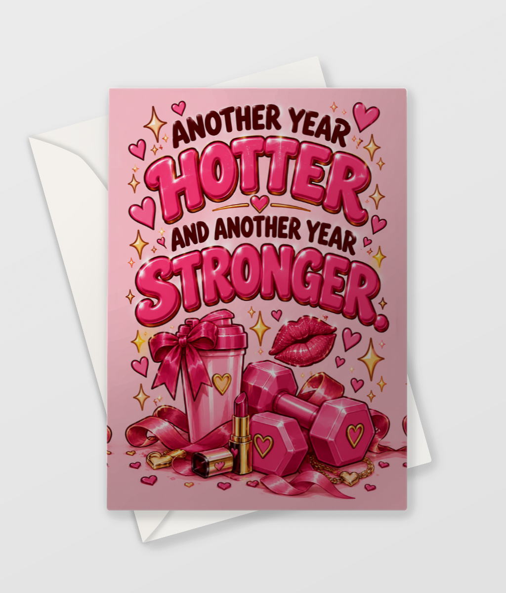 Another Year Hotter and Stronger Card, gym girl birthday card for her, A6 with envelope