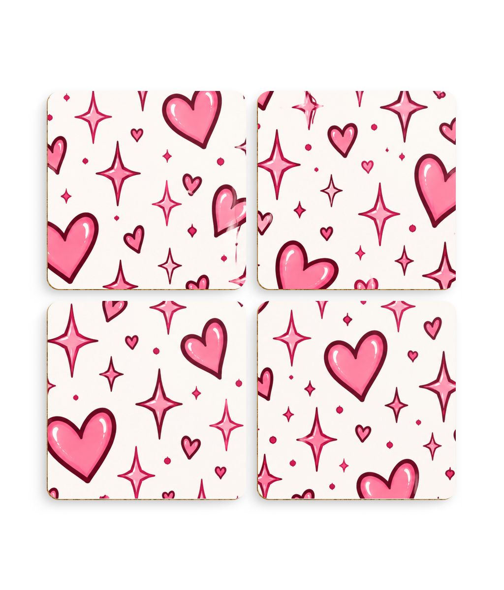 Hearts & Sparkles coaster set, pack of 4 pink coasters, gym girl gift for her