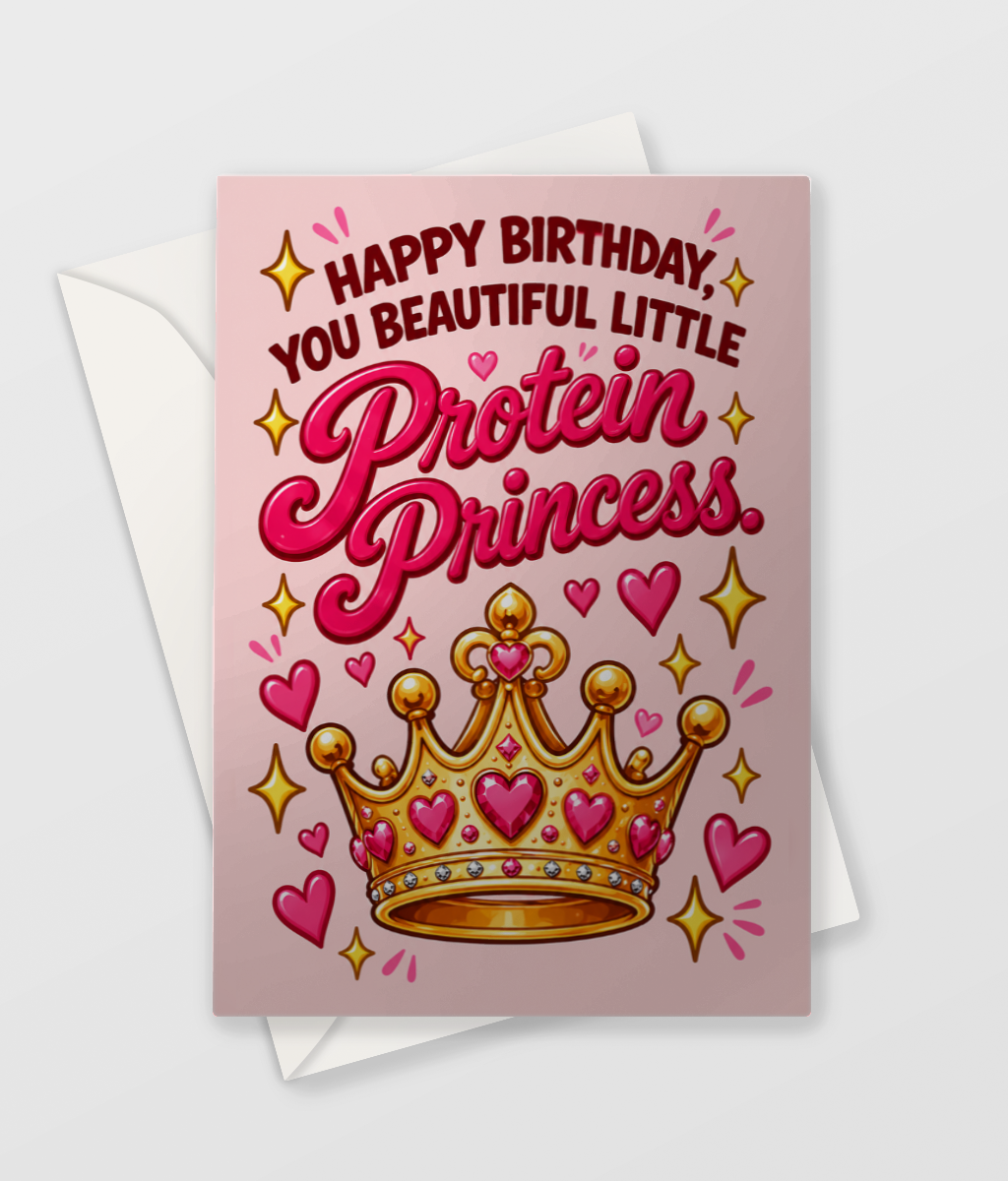 Happy Birthday Protein Princess Card, cute gym girl birthday card, A6 with envelope