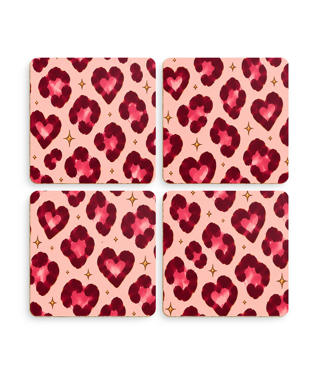 Leopard Hearts coaster set, pack of 4 pink leopard print coasters, gift for her