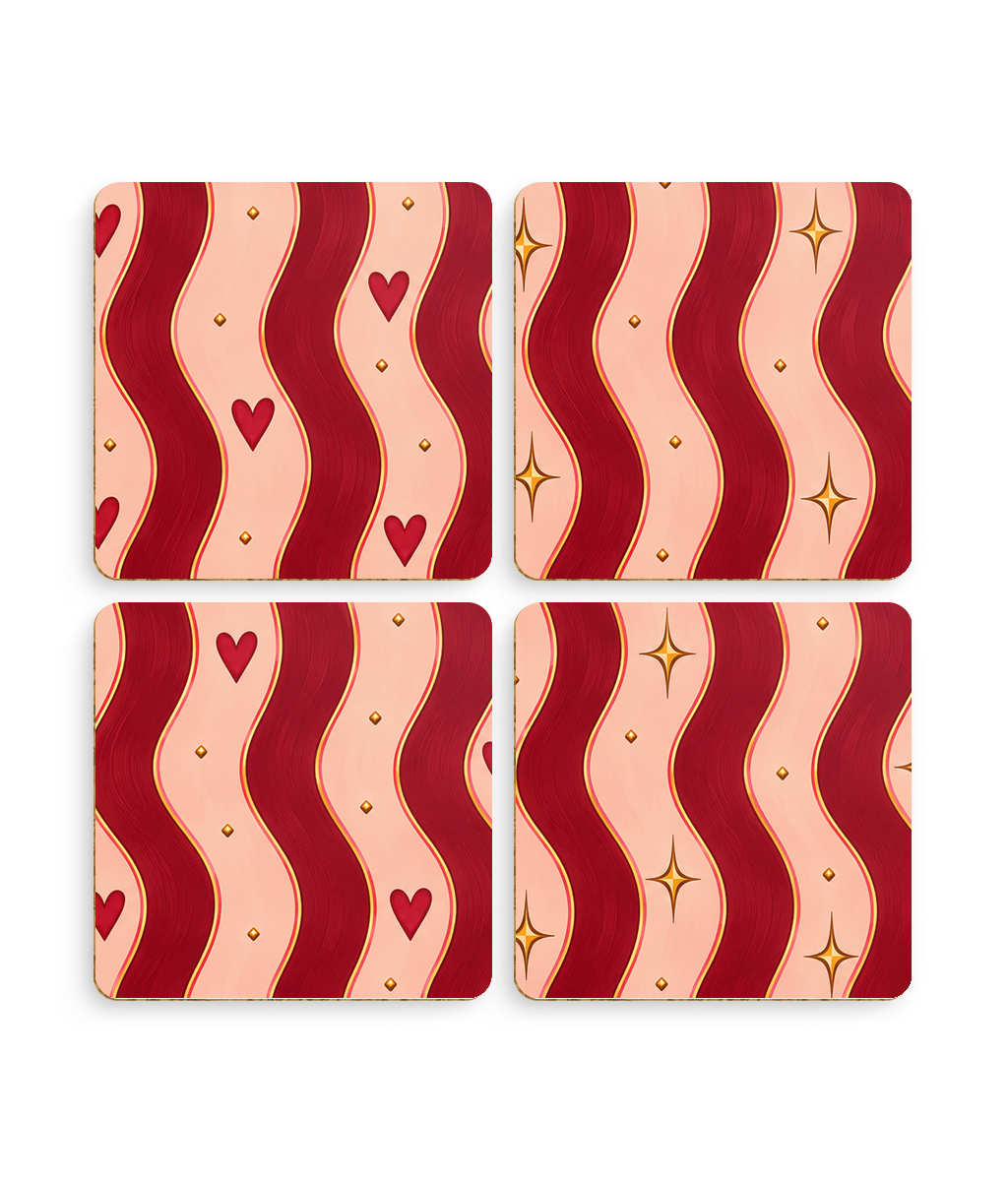 Ruby Waves coaster set, pack of 4 red and pink coasters, Christmas gift for her