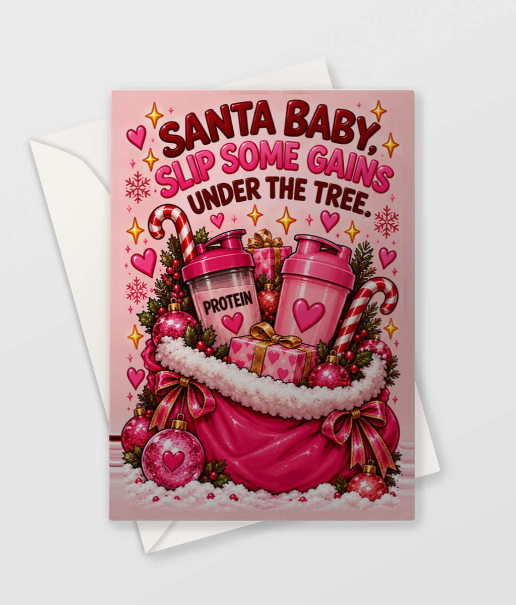 Santa Baby Slip Some Gains Under the Tree Card, funny gym Christmas card, A6 with envelope