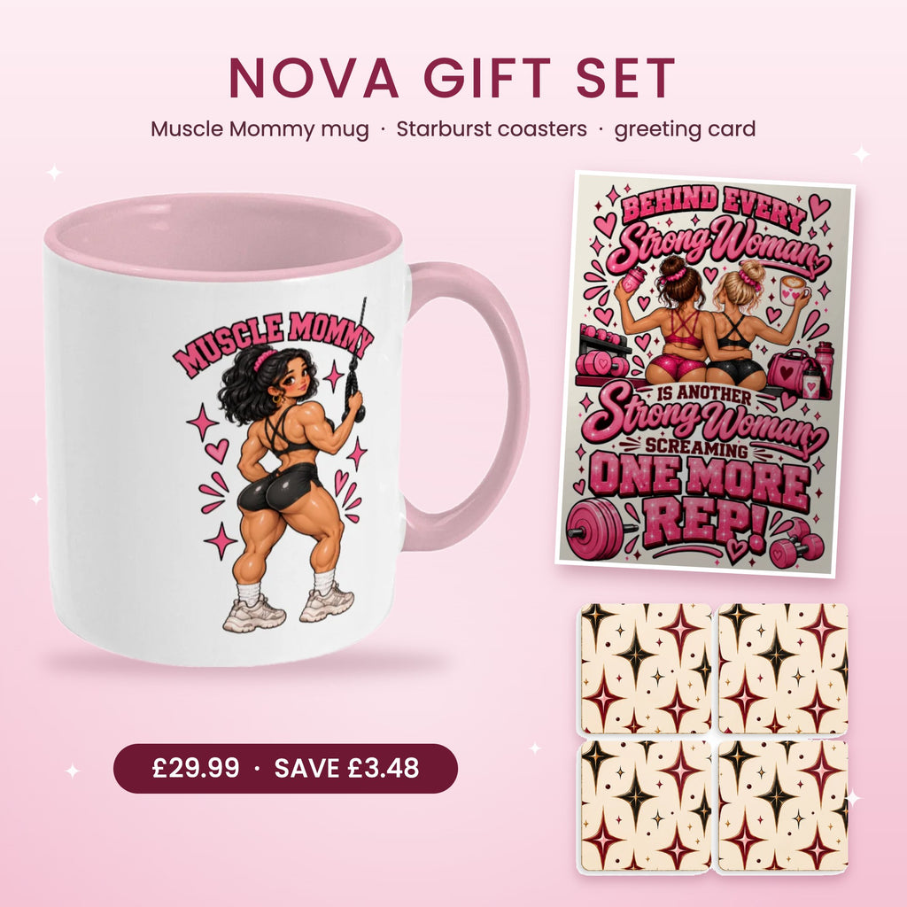 Nova gift set for gym girls: pink Muscle Mommy mug, retro star coasters and gym bestie card