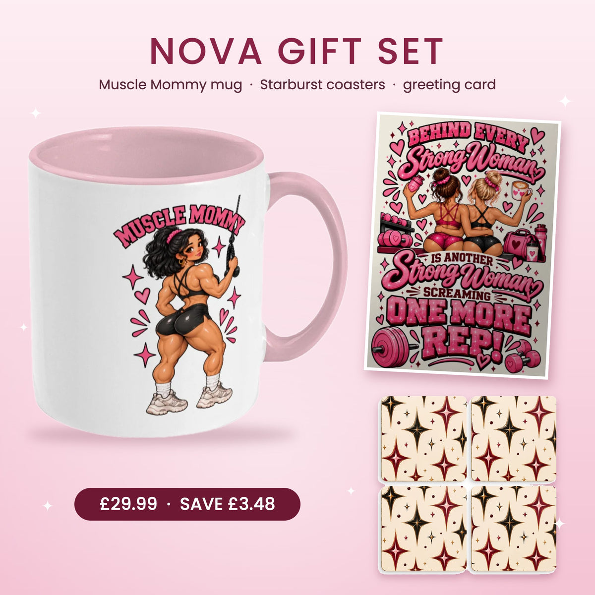 Nova gift set for gym girls: pink Muscle Mommy mug, retro star coasters and gym bestie card