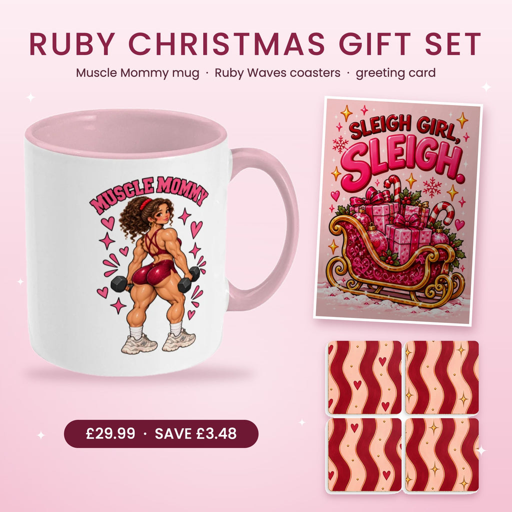 Ruby Christmas gift set for gym girls: pink Muscle Mommy mug, red and pink coasters and funny Christmas card